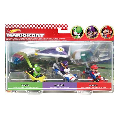 Mario Kart Hot Wheels Diecast Modellautos 3er-Pack 1/64 Yoshi, Waluigi, Mario