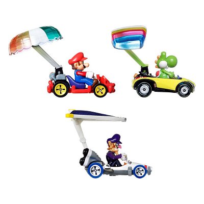 Mario Kart Hot Wheels Diecast Modellautos 3er-Pack 1/64 Yoshi, Waluigi, Mario